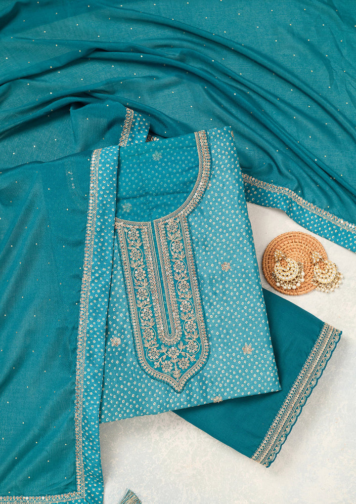 Turquoise Blue Zariwork (Gold) Chinon Unstitched Salwar Suit
