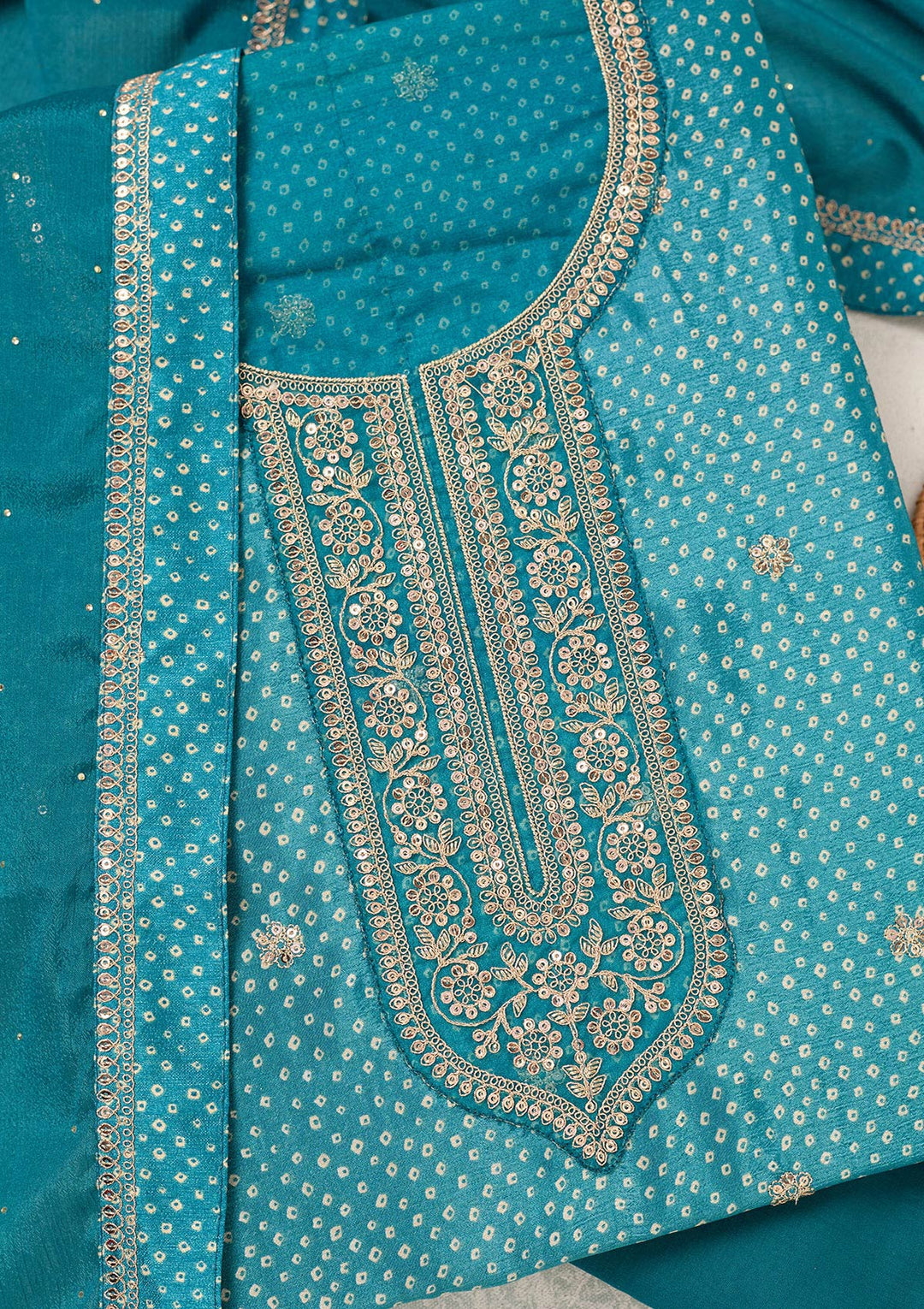 Turquoise Blue Zariwork (Gold) Chinon Unstitched Salwar Suit