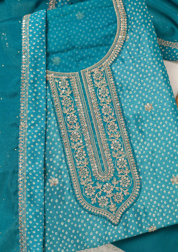 Turquoise Blue Zariwork (Gold) Chinon Unstitched Salwar Suit