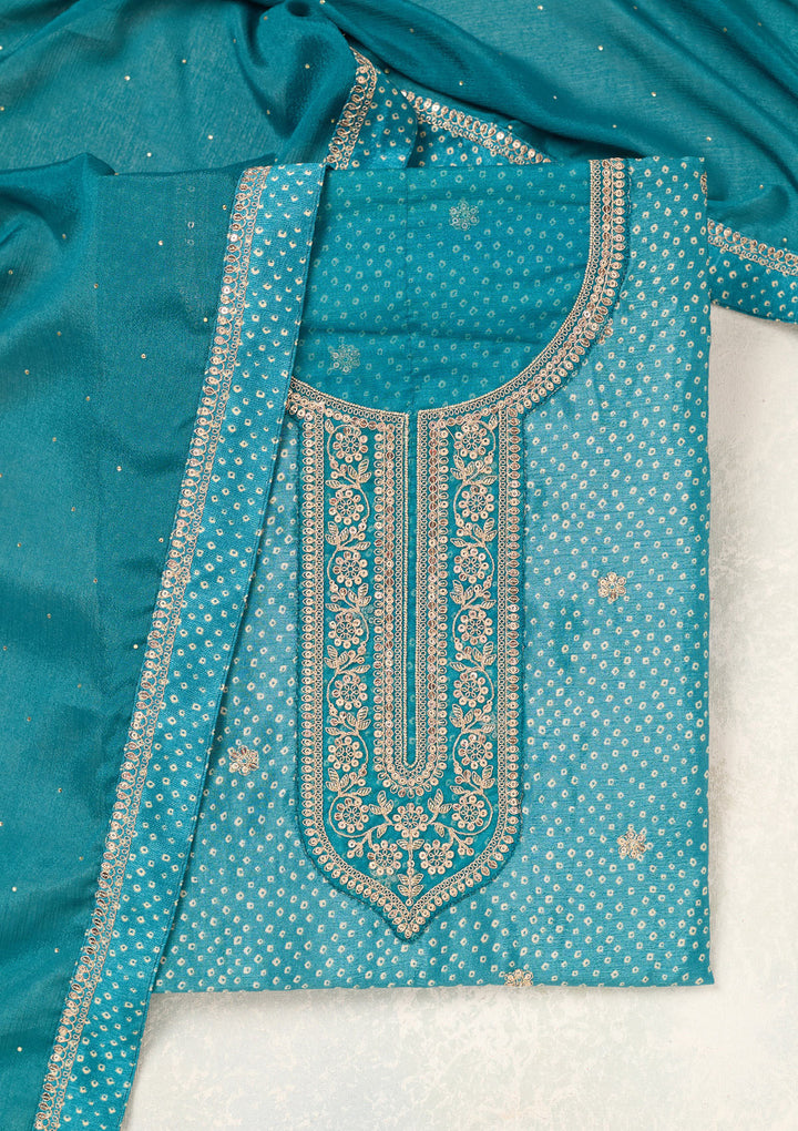 Turquoise Blue Zariwork (Gold) Chinon Unstitched Salwar Suit
