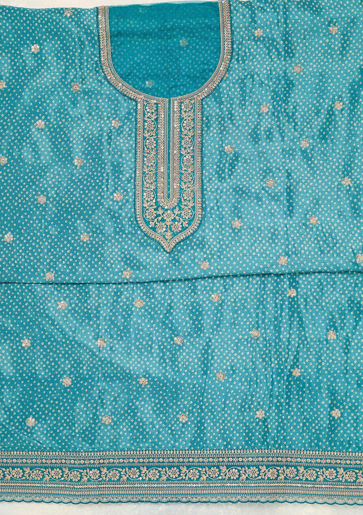 Turquoise Blue Zariwork (Gold) Chinon Unstitched Salwar Suit