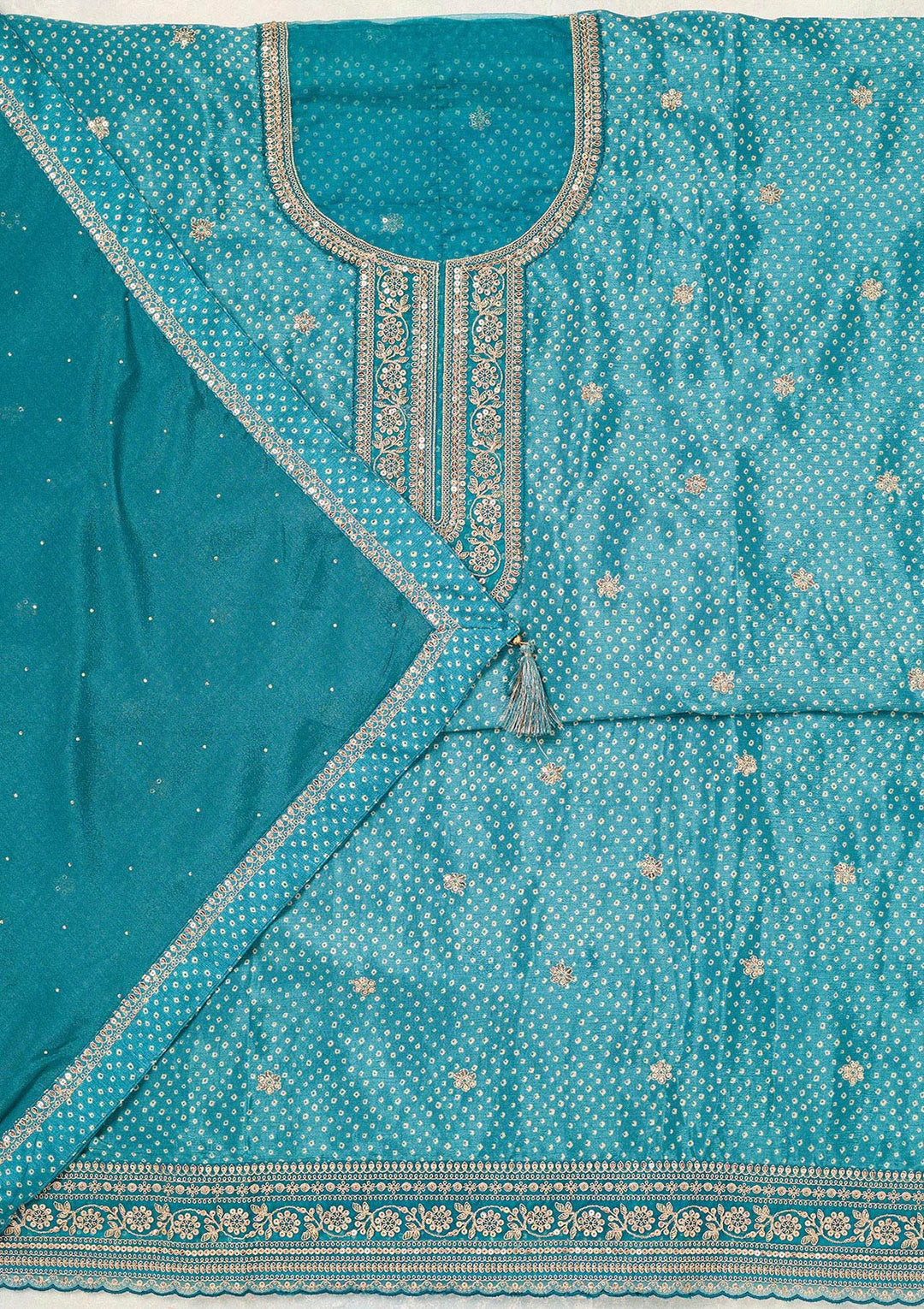 Turquoise Blue Zariwork (Gold) Chinon Unstitched Salwar Suit