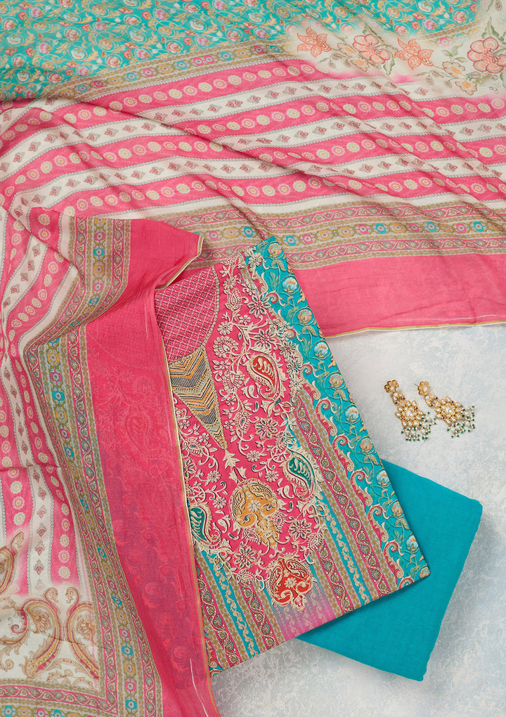 Rani Pink Multi Muslin Gold Zariwork Unstitched Dress Material With Matching Bottom And Dupatta