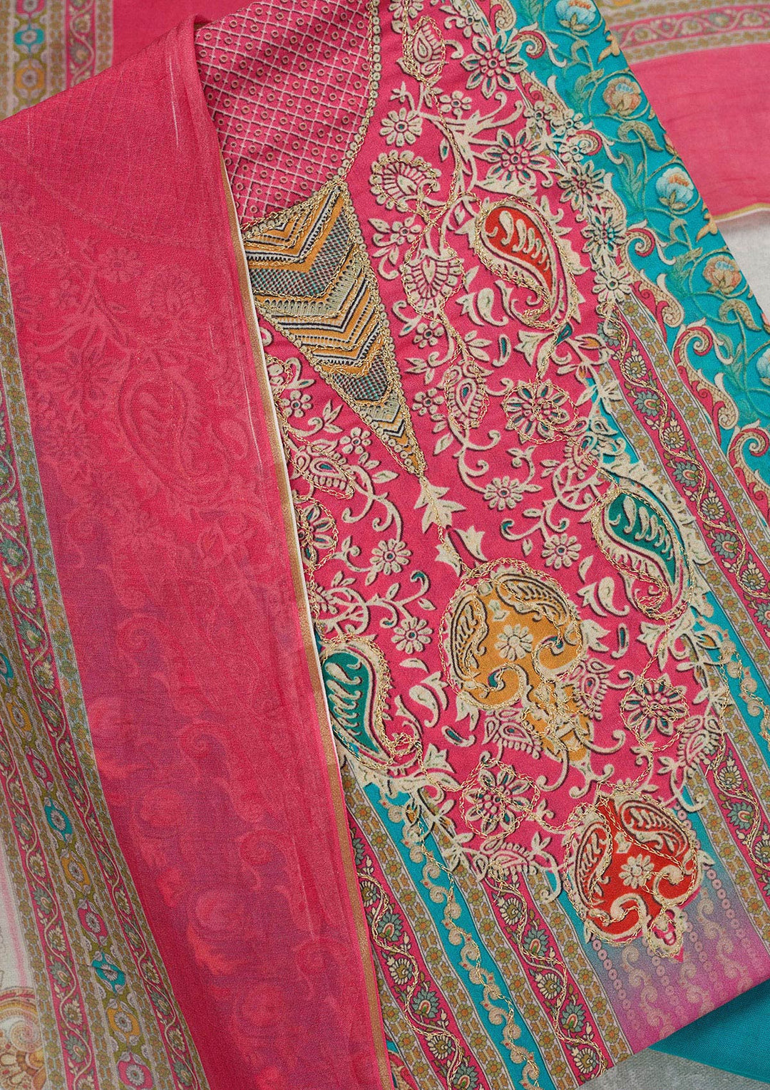 Rani Pink Multi Muslin Gold Zariwork Unstitched Dress Material With Matching Bottom And Dupatta