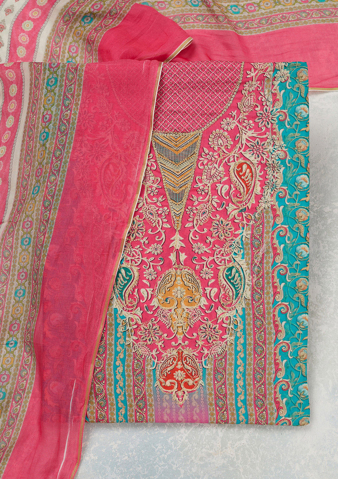 Rani Pink Multi Muslin Gold Zariwork Unstitched Dress Material With Matching Bottom And Dupatta