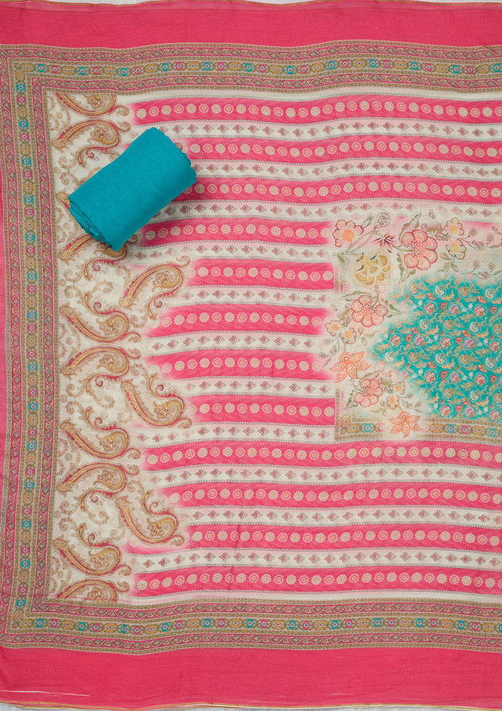 Rani Pink Multi Muslin Gold Zariwork Unstitched Dress Material With Matching Bottom And Dupatta