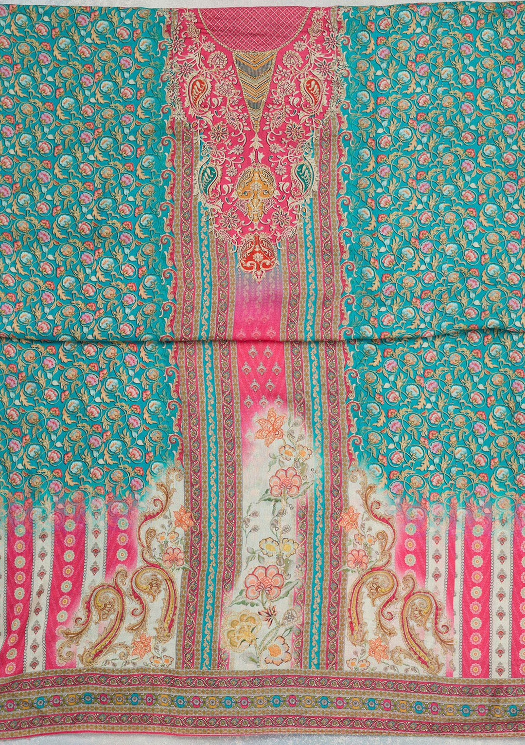 Rani Pink Multi Muslin Gold Zariwork Unstitched Dress Material With Matching Bottom And Dupatta