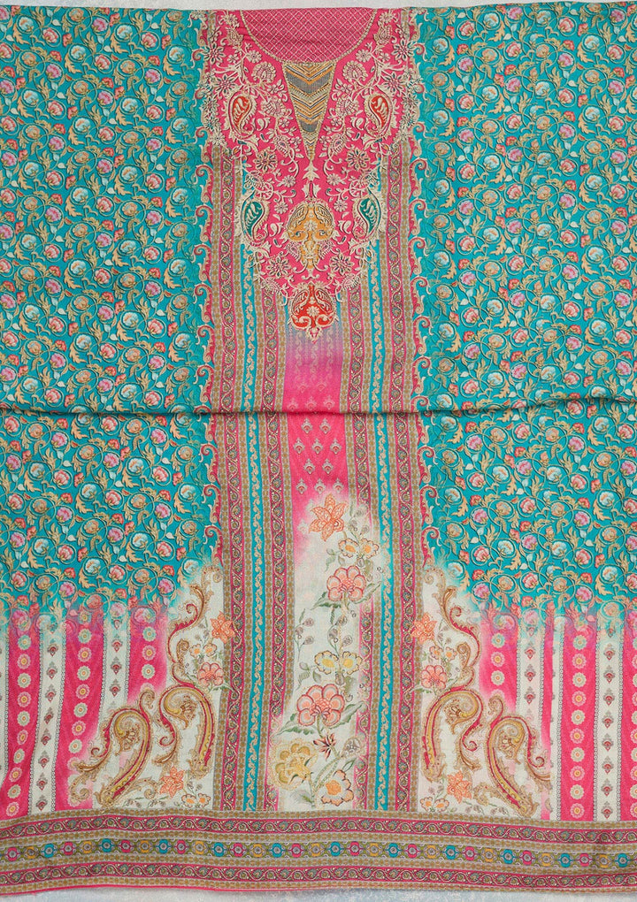 Rani Pink Multi Muslin Gold Zariwork Unstitched Dress Material With Matching Bottom And Dupatta