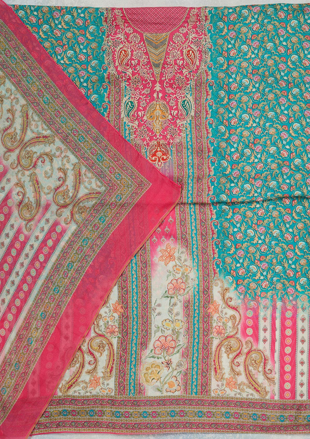 Rani Pink Multi Muslin Gold Zariwork Unstitched Dress Material With Matching Bottom And Dupatta