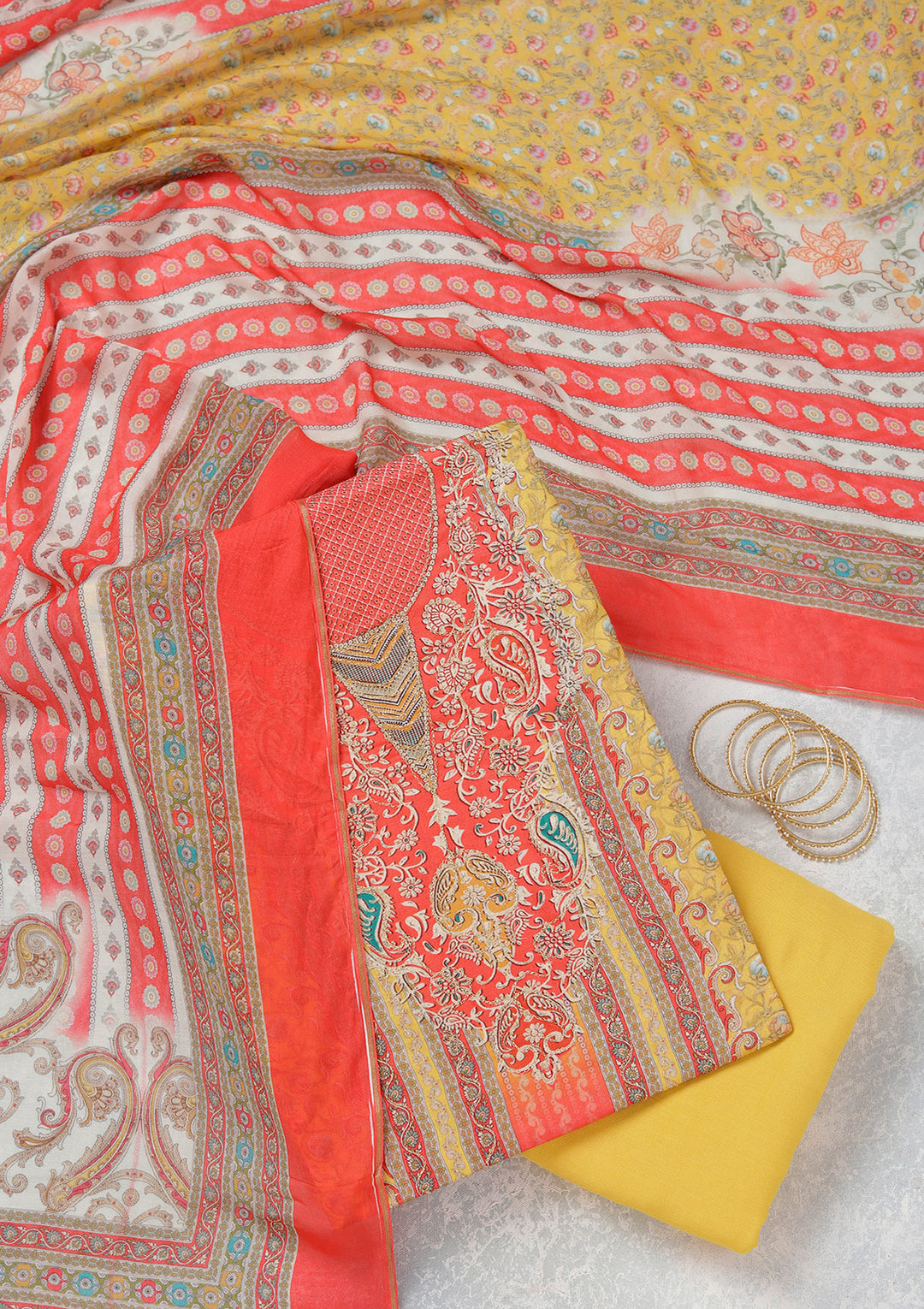Red Multi Muslin Gold Zariwork Unstitched Dress Material With Matching Bottom And Dupatta