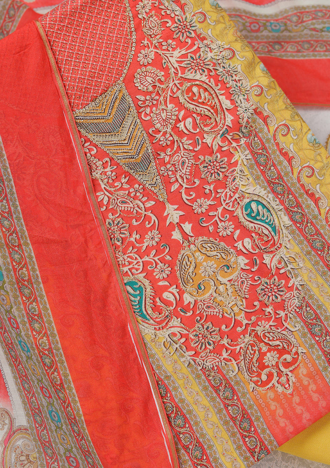 Red Multi Muslin Gold Zariwork Unstitched Dress Material With Matching Bottom And Dupatta