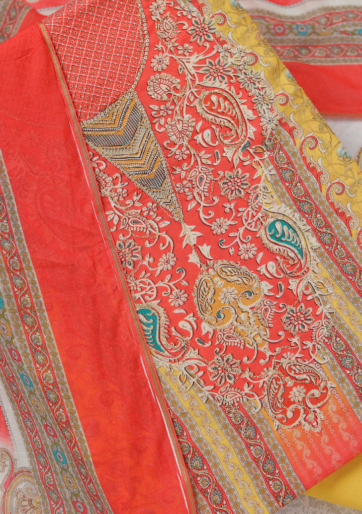 Red Multi Muslin Gold Zariwork Unstitched Dress Material With Matching Bottom And Dupatta