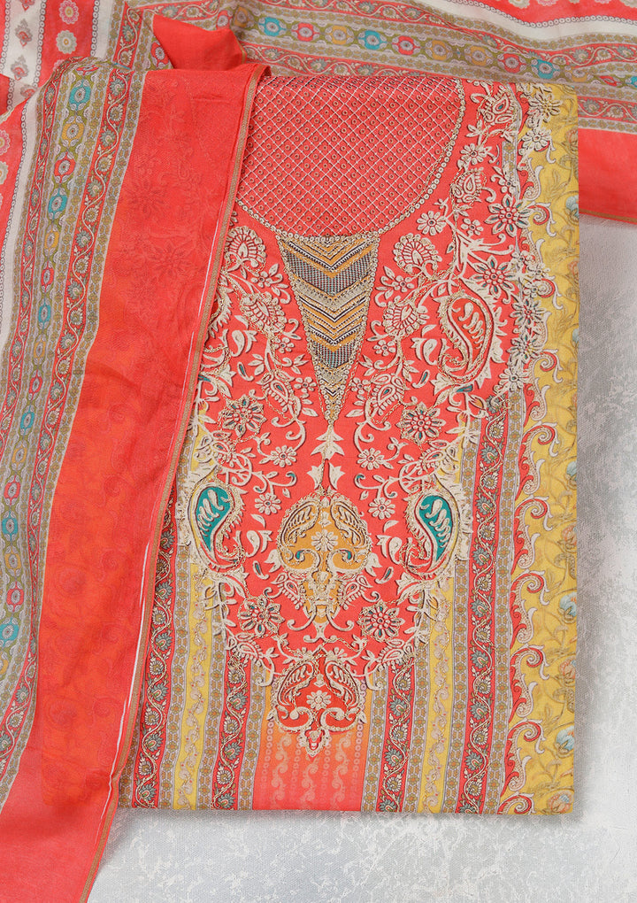Red Multi Muslin Gold Zariwork Unstitched Dress Material With Matching Bottom And Dupatta