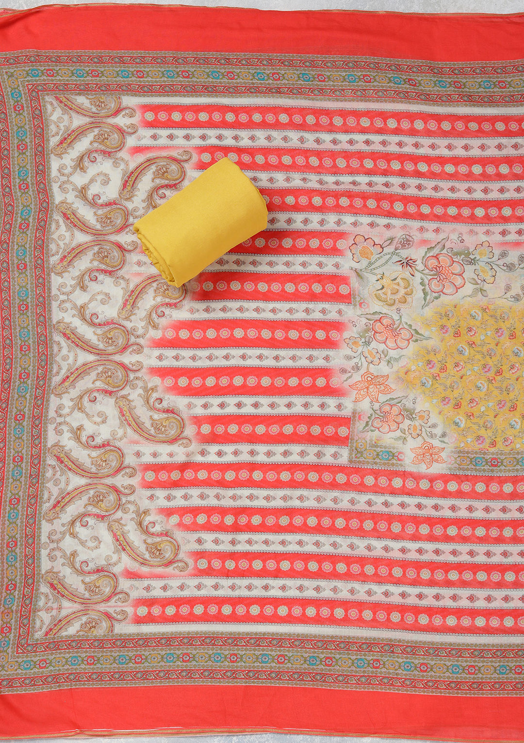 Red Multi Muslin Gold Zariwork Unstitched Dress Material With Matching Bottom And Dupatta