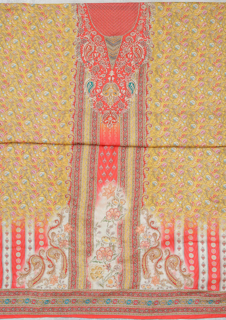 Red Multi Muslin Gold Zariwork Unstitched Dress Material With Matching Bottom And Dupatta