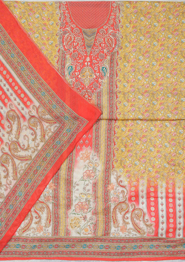 Red Multi Muslin Gold Zariwork Unstitched Dress Material With Matching Bottom And Dupatta