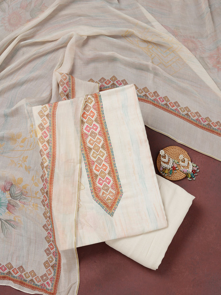 Off White Muslin Gold Zariwork Unstitched Dress Material With Matching Bottom And Dupatta