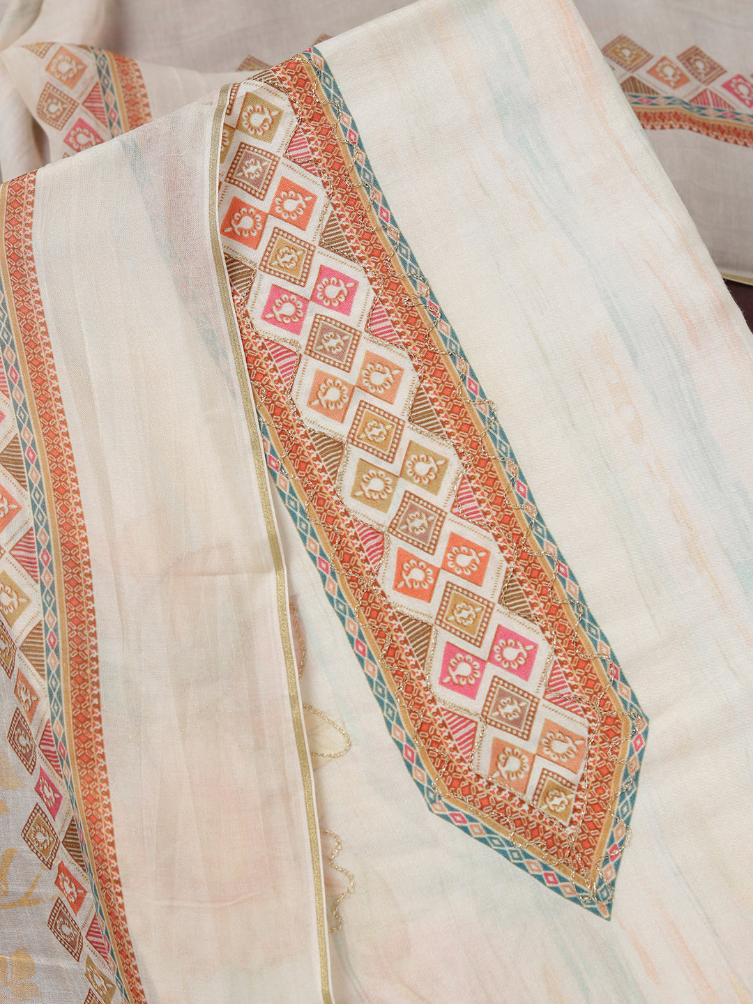 Off White Muslin Gold Zariwork Unstitched Dress Material With Matching Bottom And Dupatta