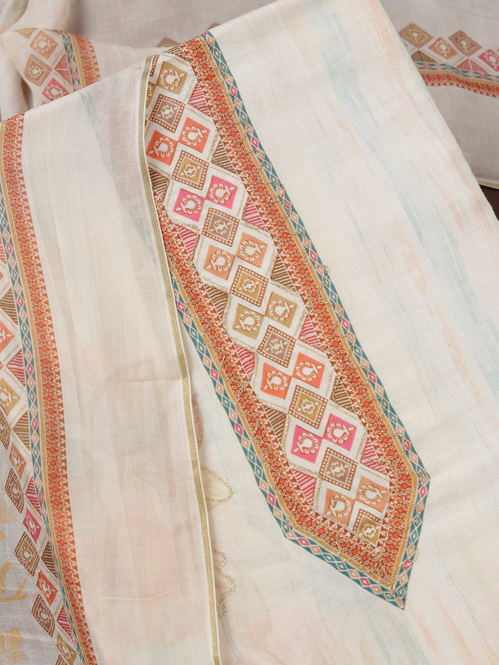 Off White Muslin Gold Zariwork Unstitched Dress Material With Matching Bottom And Dupatta