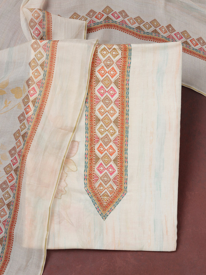 Off White Muslin Gold Zariwork Unstitched Dress Material With Matching Bottom And Dupatta