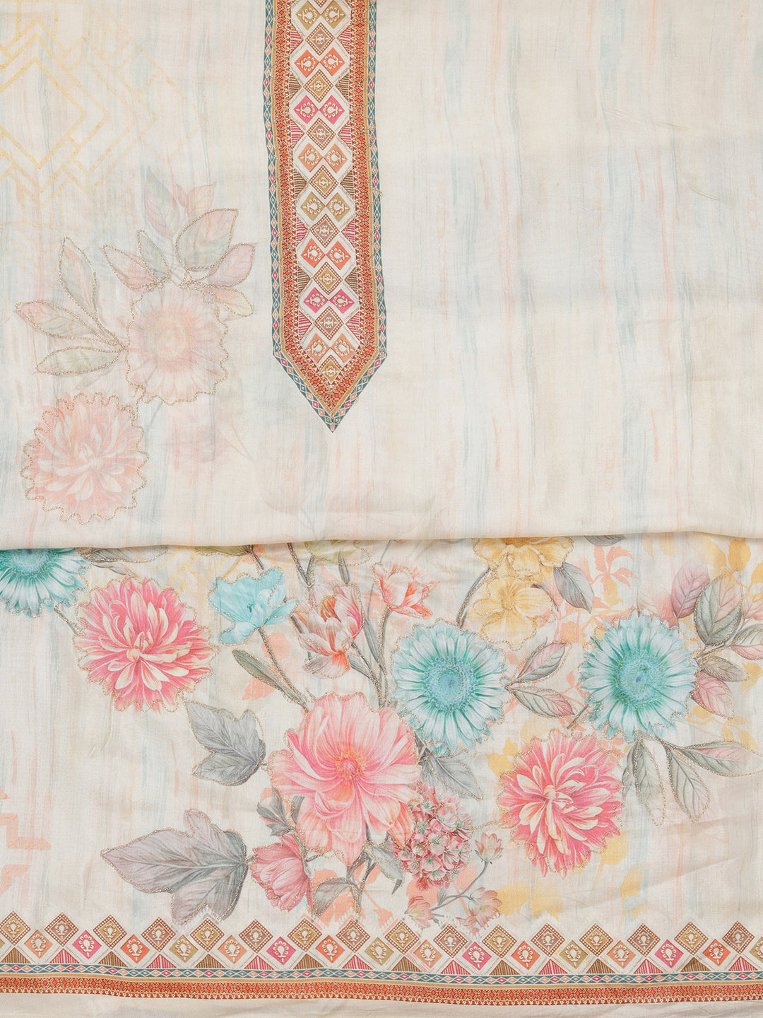 Off White Muslin Gold Zariwork Unstitched Dress Material With Matching Bottom And Dupatta