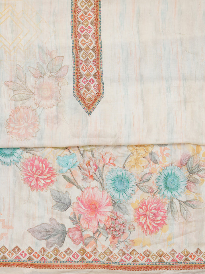 Off White Muslin Gold Zariwork Unstitched Dress Material With Matching Bottom And Dupatta