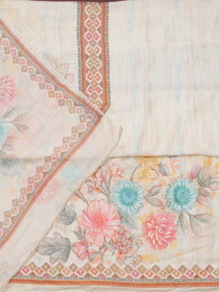 Off White Muslin Gold Zariwork Unstitched Dress Material With Matching Bottom And Dupatta