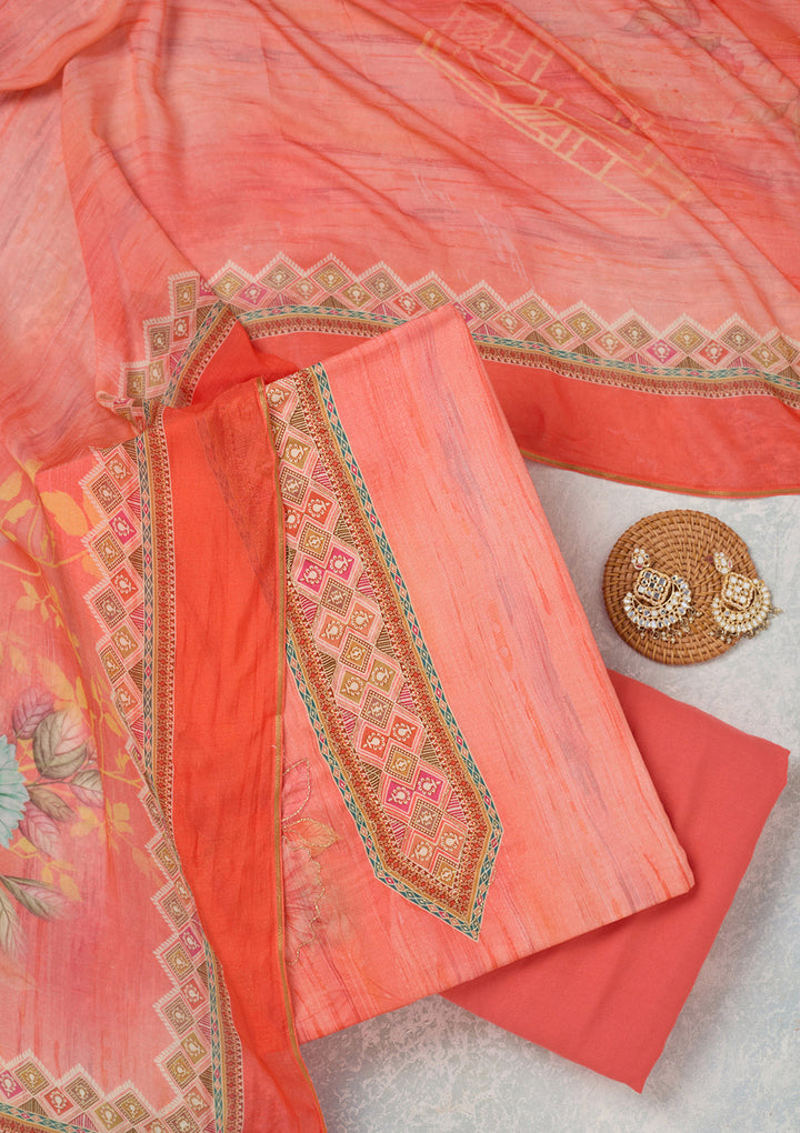 Peach Muslin Gold Zariwork Unstitched Dress Material With Matching Bottom And Dupatta