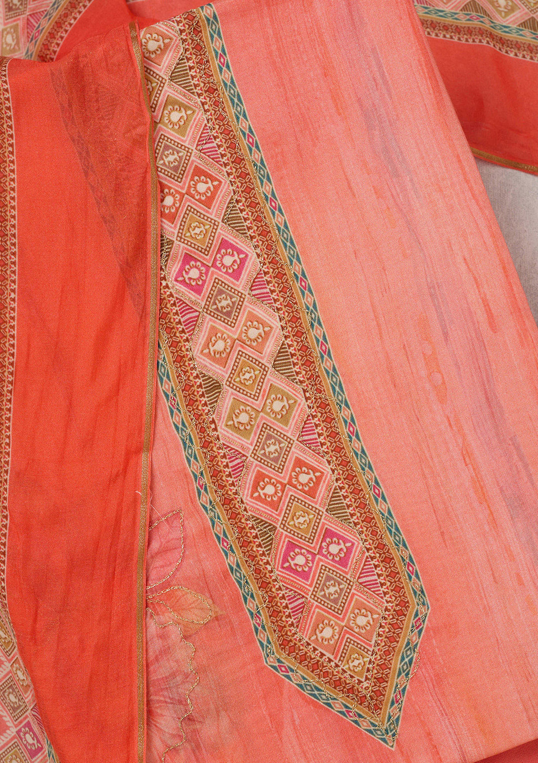 Peach Muslin Gold Zariwork Unstitched Dress Material With Matching Bottom And Dupatta