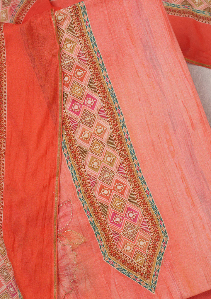 Peach Muslin Gold Zariwork Unstitched Dress Material With Matching Bottom And Dupatta