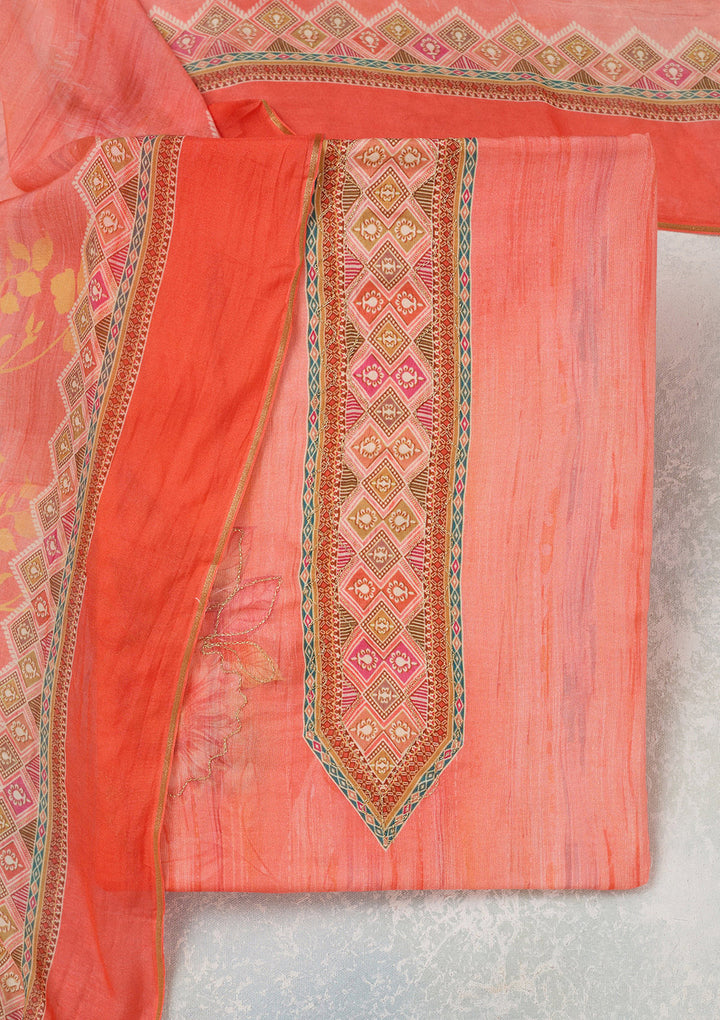 Peach Muslin Gold Zariwork Unstitched Dress Material With Matching Bottom And Dupatta