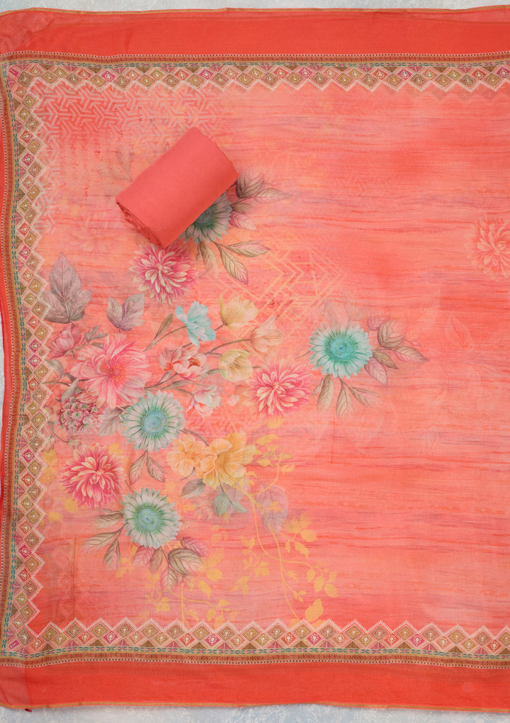 Peach Muslin Gold Zariwork Unstitched Dress Material With Matching Bottom And Dupatta
