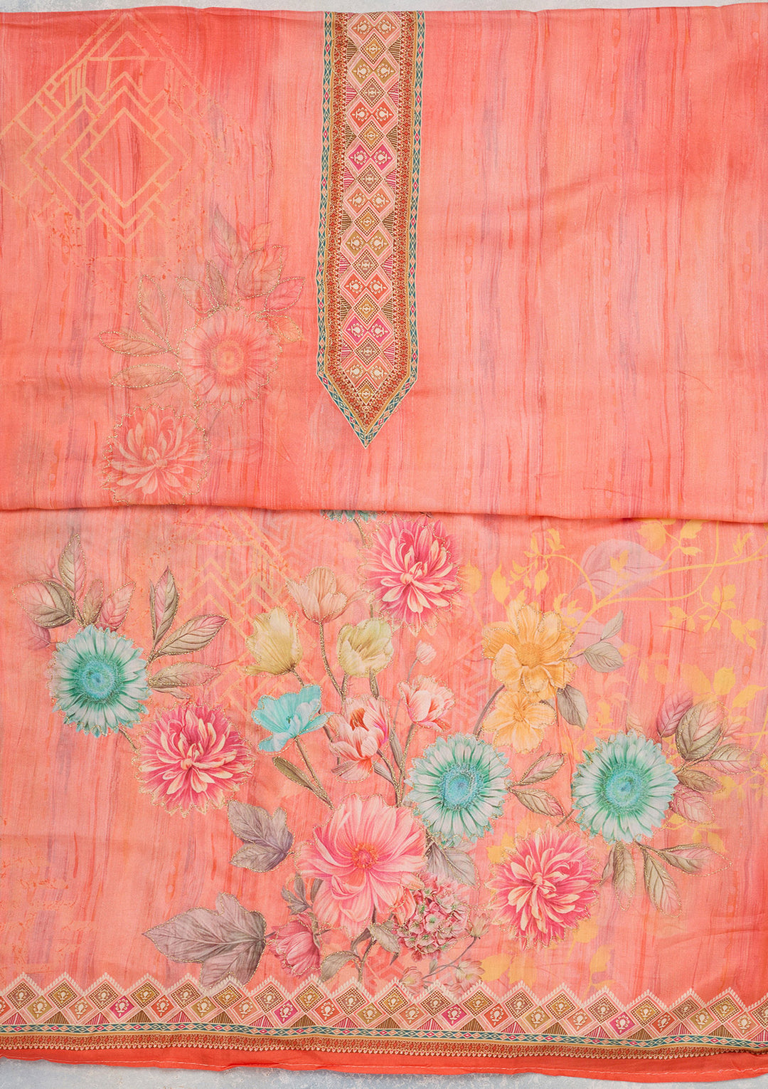 Peach Muslin Gold Zariwork Unstitched Dress Material With Matching Bottom And Dupatta