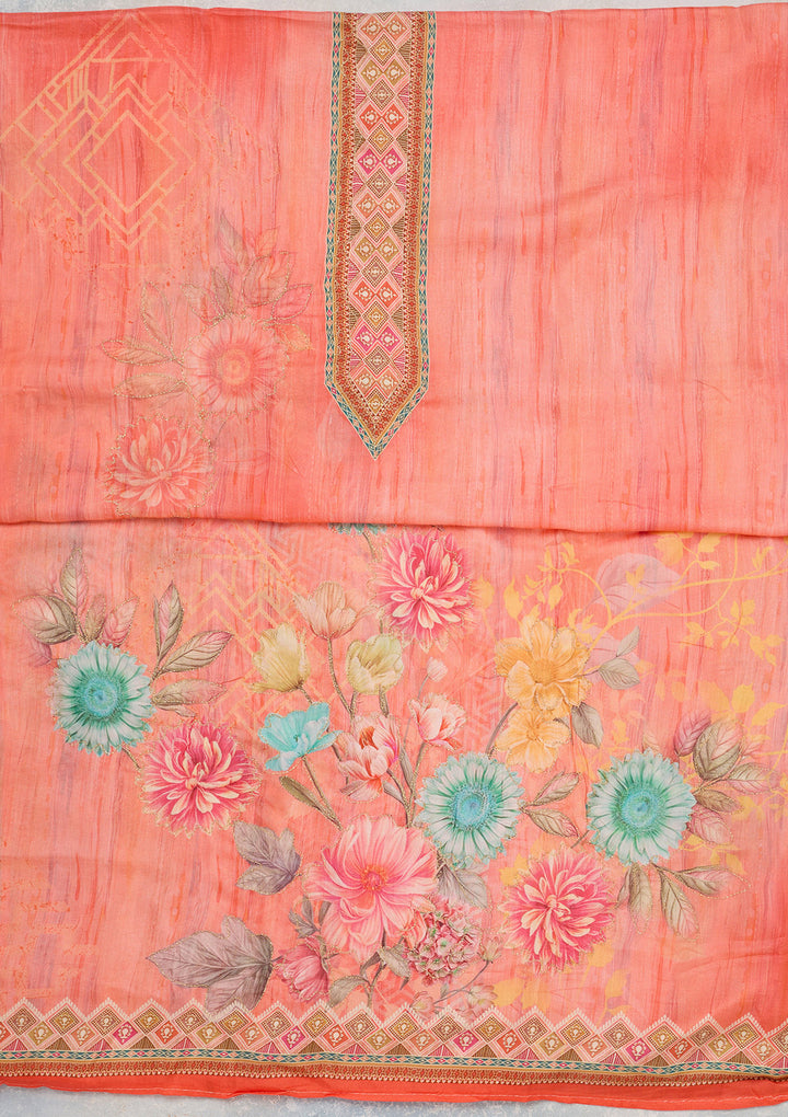 Peach Muslin Gold Zariwork Unstitched Dress Material With Matching Bottom And Dupatta