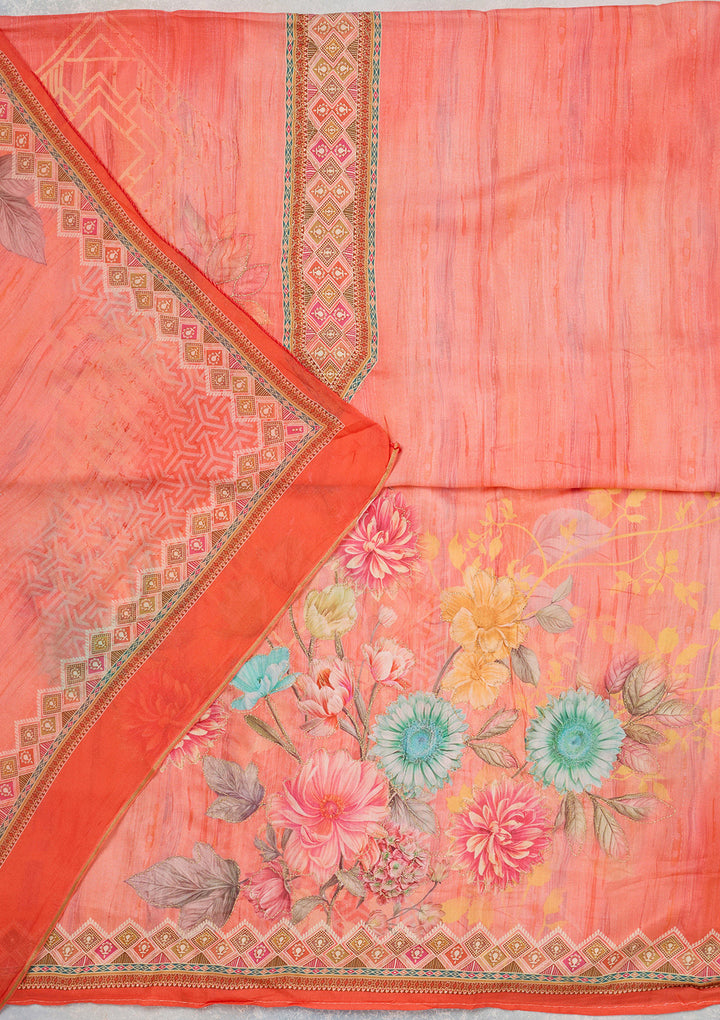 Peach Muslin Gold Zariwork Unstitched Dress Material With Matching Bottom And Dupatta
