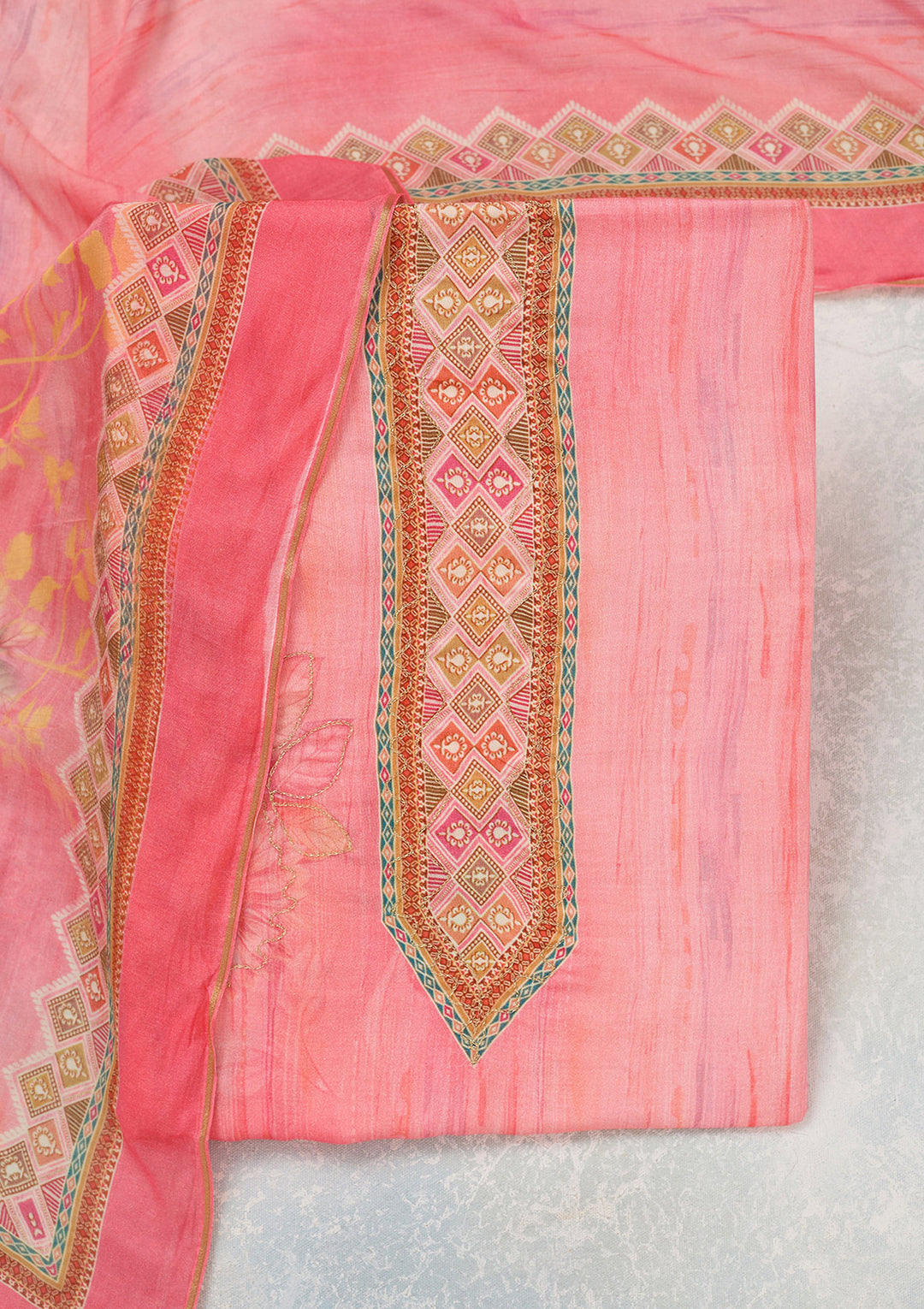 Pink Zariwork (Gold) Semi Crepe Unstitched Salwar Suit