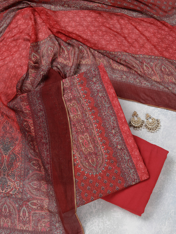 Maroon Multi Muslin Ombre Gold Zariwork Unstitched Dress Material With Matching Bottom And Dupatta