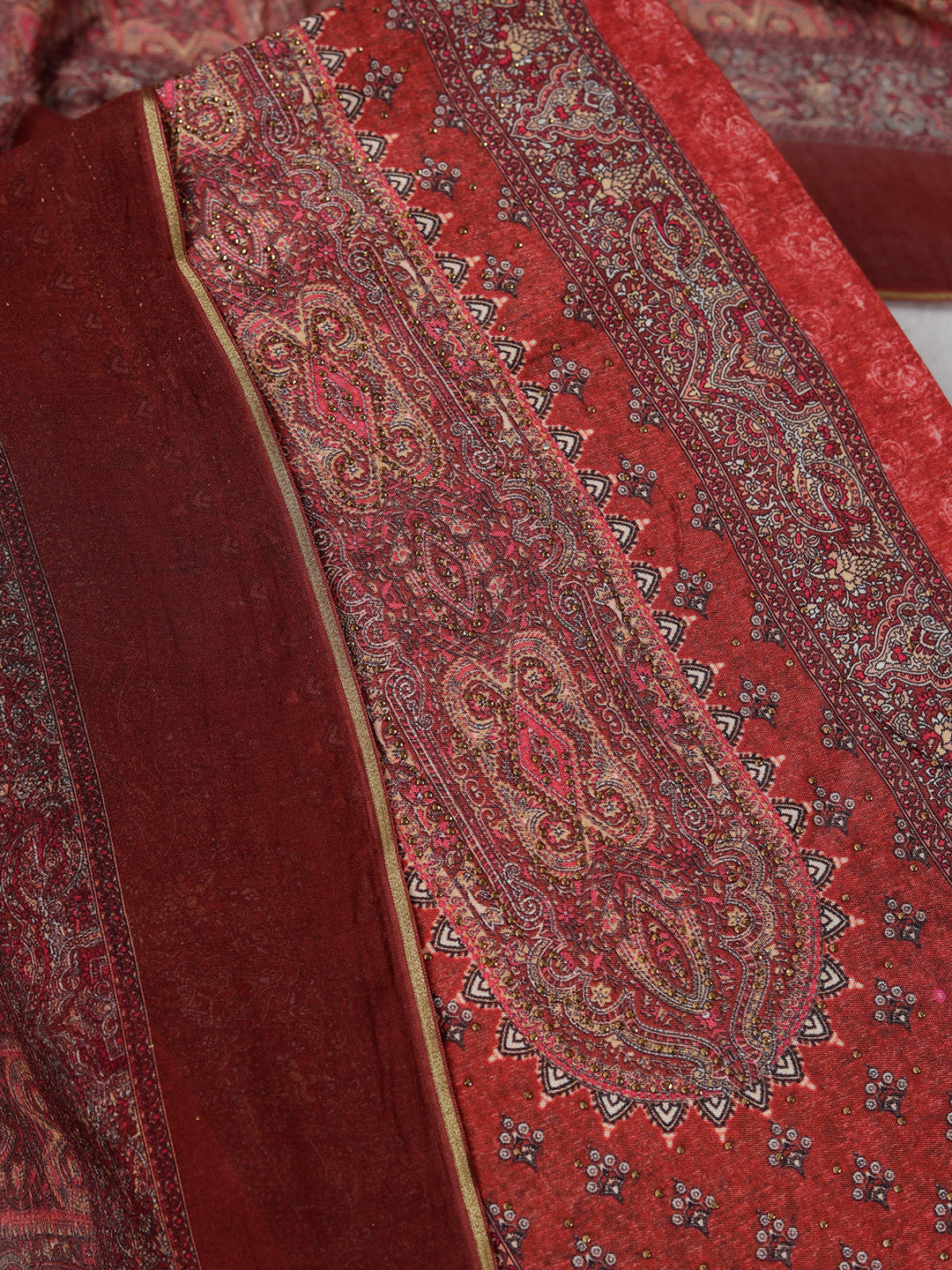 Maroon Multi Muslin Ombre Gold Zariwork Unstitched Dress Material With Matching Bottom And Dupatta