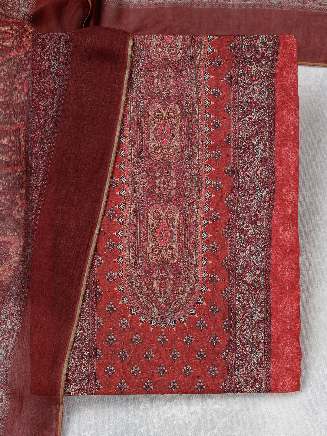 Maroon Multi Muslin Ombre Gold Zariwork Unstitched Dress Material With Matching Bottom And Dupatta