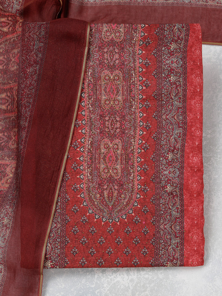Maroon Multi Muslin Ombre Gold Zariwork Unstitched Dress Material With Matching Bottom And Dupatta