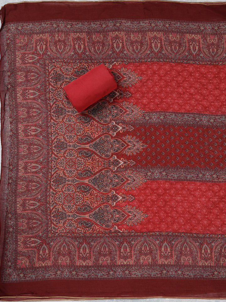 Maroon Multi Muslin Ombre Gold Zariwork Unstitched Dress Material With Matching Bottom And Dupatta