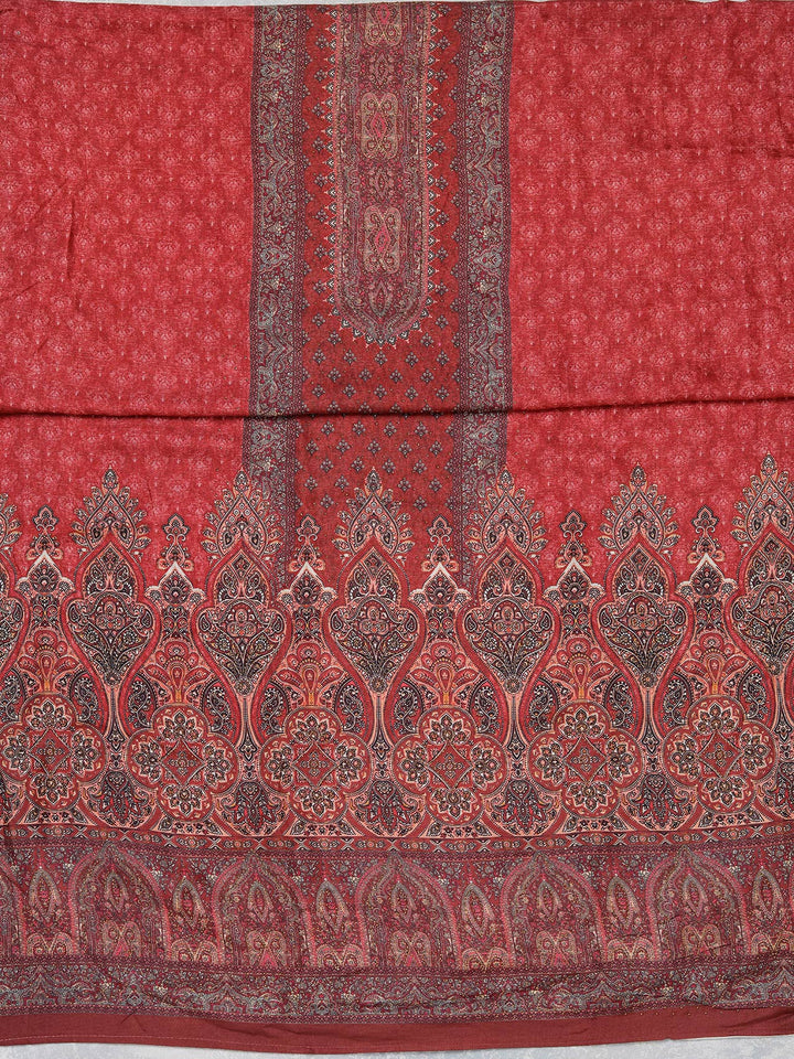 Maroon Multi Muslin Ombre Gold Zariwork Unstitched Dress Material With Matching Bottom And Dupatta