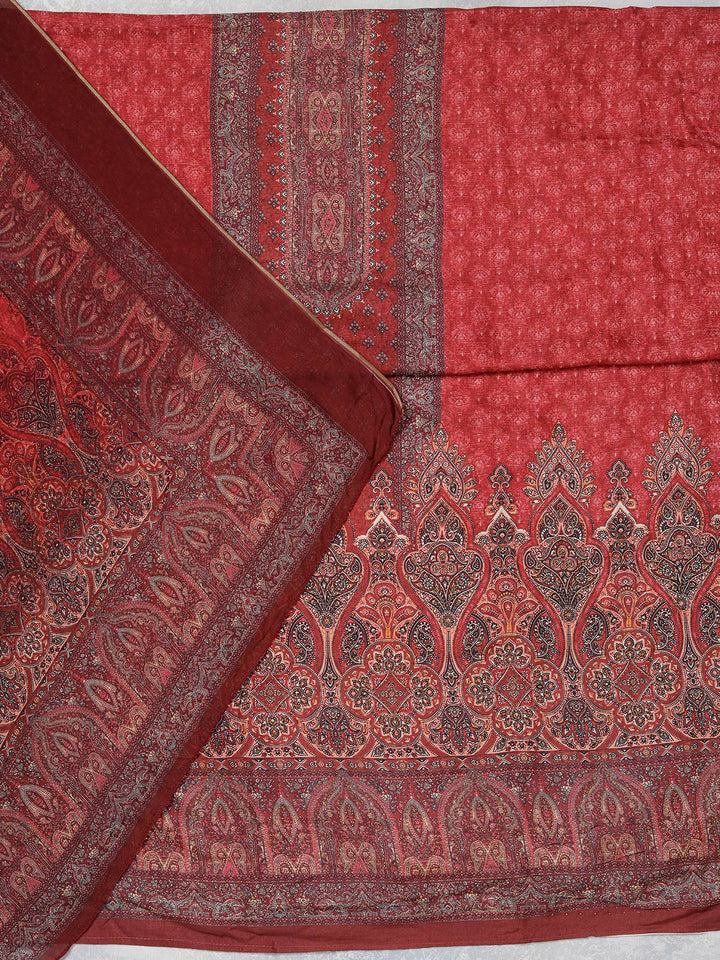Maroon Multi Muslin Ombre Gold Zariwork Unstitched Dress Material With Matching Bottom And Dupatta