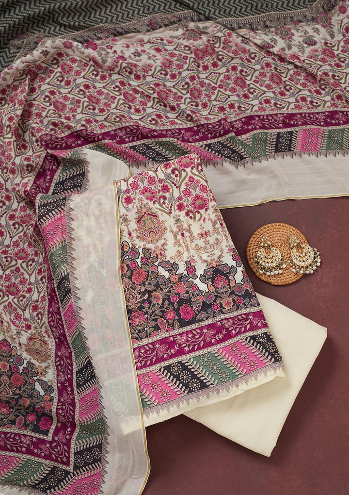 Off White Muslin Gold Zariwork Unstitched Dress Material With Matching Bottom And Dupatta