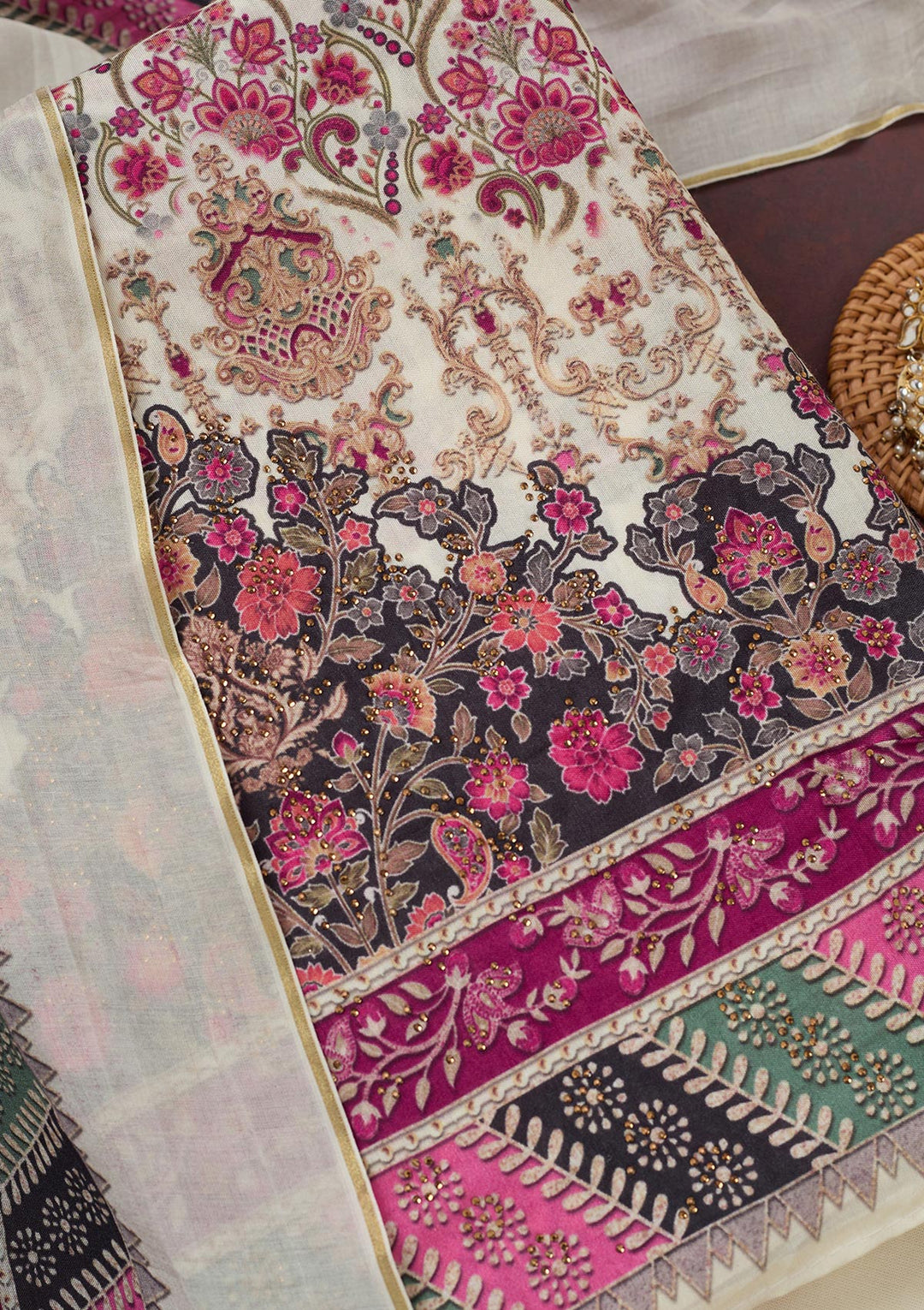 Off White Muslin Gold Zariwork Unstitched Dress Material With Matching Bottom And Dupatta