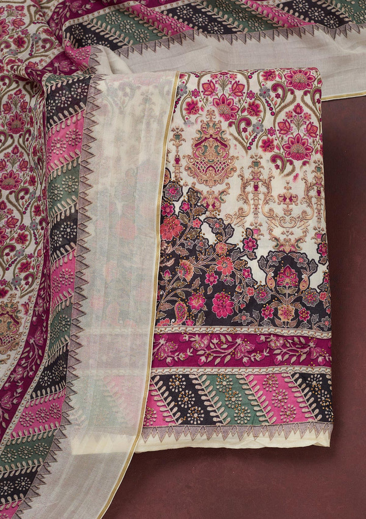 Off White Muslin Gold Zariwork Unstitched Dress Material With Matching Bottom And Dupatta