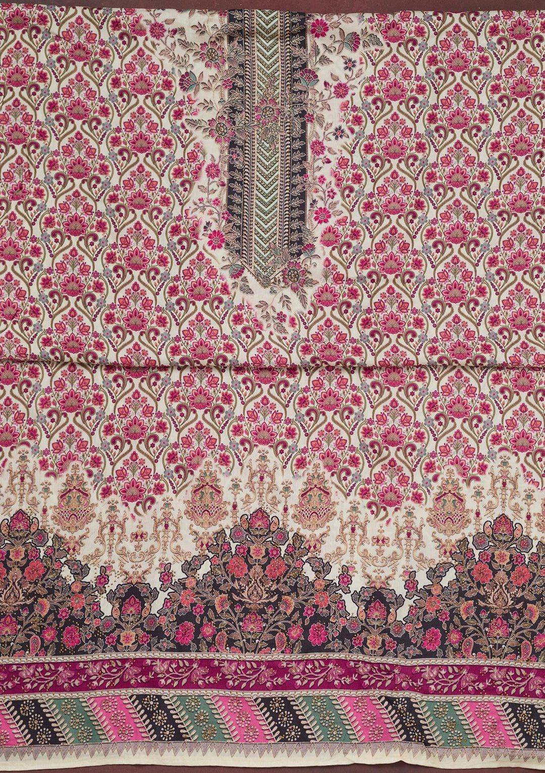 Off White Muslin Gold Zariwork Unstitched Dress Material With Matching Bottom And Dupatta