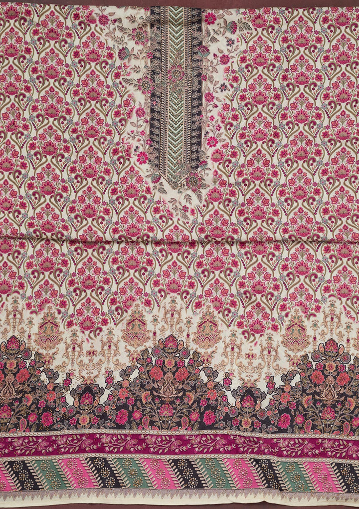Off White Muslin Gold Zariwork Unstitched Dress Material With Matching Bottom And Dupatta