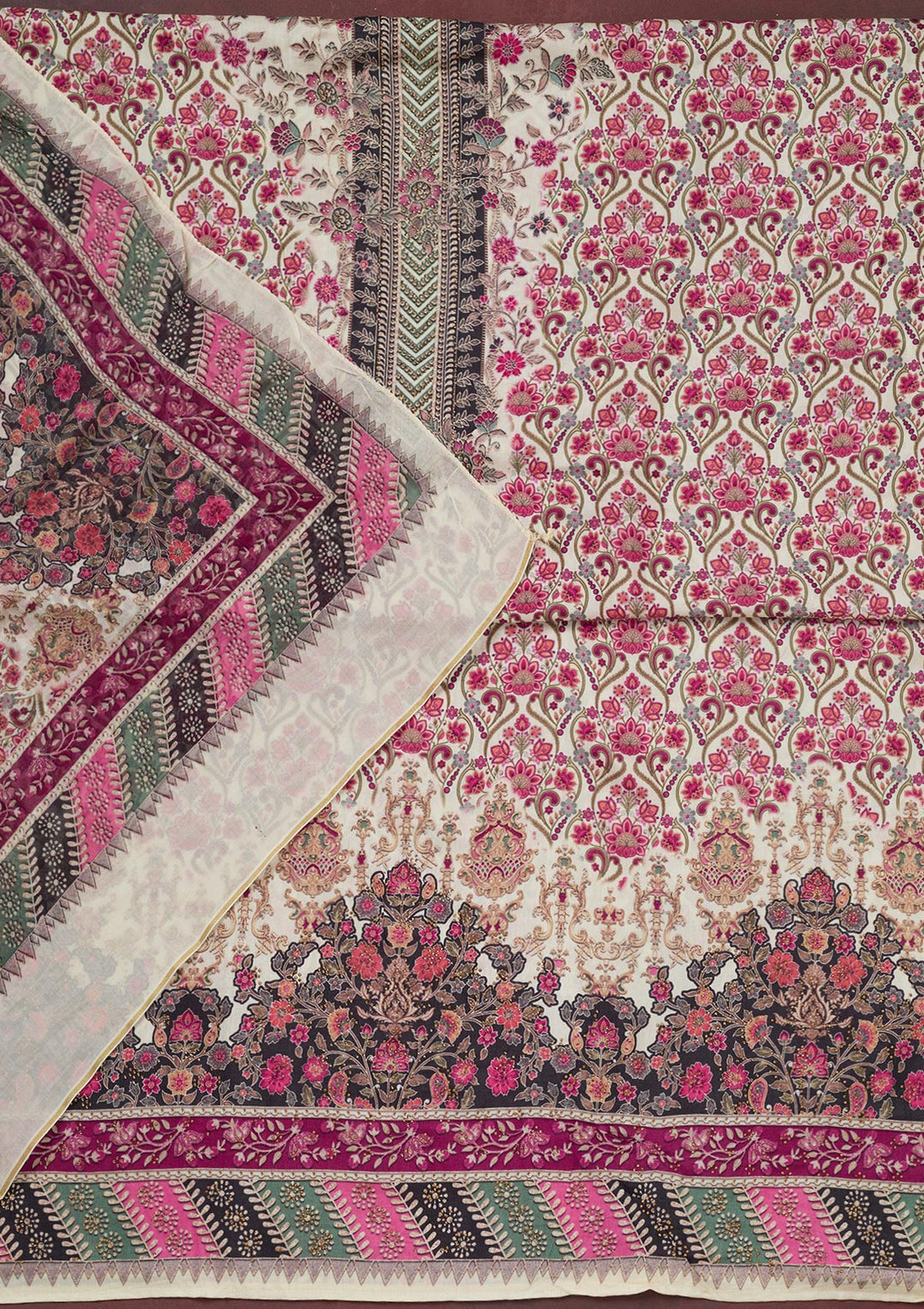 Off White Muslin Gold Zariwork Unstitched Dress Material With Matching Bottom And Dupatta