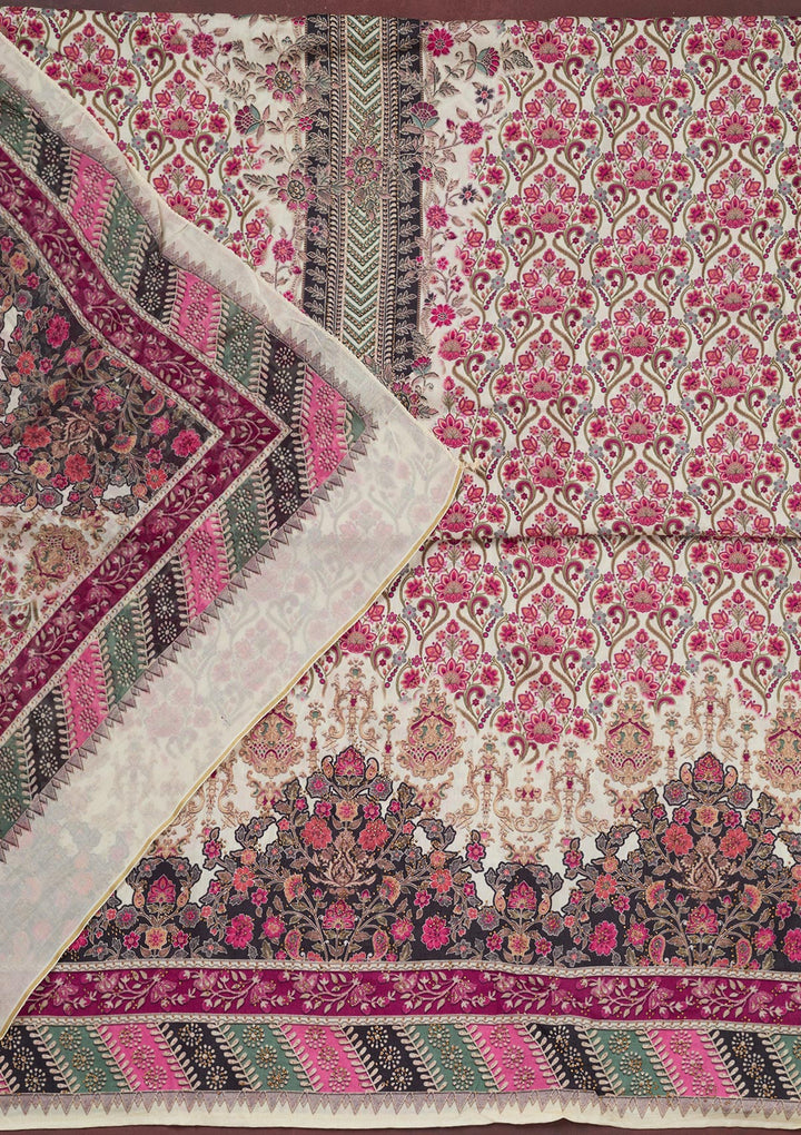 Off White Muslin Gold Zariwork Unstitched Dress Material With Matching Bottom And Dupatta